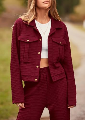 Image of PRETTYGARDEN Womens Two Piece Sets Fall 2026 Long Sleeve Button Down Shacket Jacket Long Sweatpants Tracksuit Winter Clothes