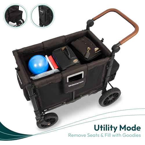 WONDERFOLD W2 Luxe Double Stroller Wagon (2 Seater) - Collapsible Wagon Stroller with Seats with Magnetic Buckle 5-Point Harnesses and Adjustable Sun Canopy, Charcoal Gray