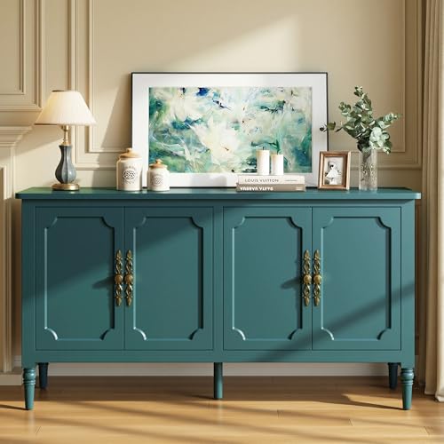 Image of FansaFurn 58 inch Large Sideboard Buffet Cabinet for Living Room | Mid Century Credenza Buffet Table with 4 Doors for Coffee Bar, Storage Cabinet for Dining Room, bedroom, Turquoise Blue