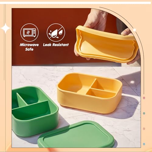 Image of Layhit 2 Pcs Silicone Bento Box for Adults, 27 oz Bento Lunch Container Reusable Food Container for Women Men, Leak Proof Microwave Dishwasher Freezer Safe (3 Compartments,Green,Yellow)
