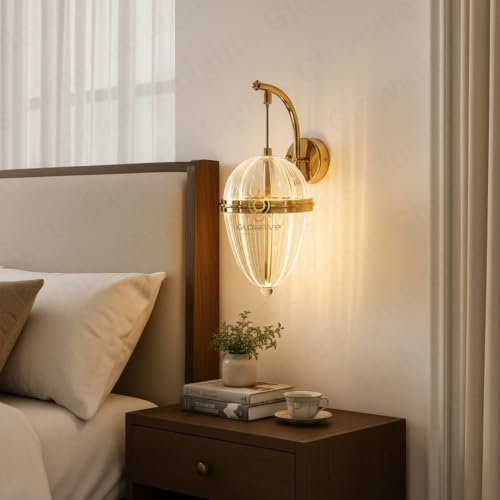 Image of Glowave Modern Gold Ribbed Oval Acrylic Shade Wall Light with Crystal Accent for Bedroom, Living Room, Bedside, Hallway & Hotel - Tricolour (White, Warm White, Natural White) (T212 /1W)