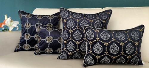 Image of TARA- Sparkling Homes 18 x 18 Inches Zari Embroidered Velvet Cushion Covers, 'Cleopatra' from 'The Royal Collection', Set of 1 (Midnight Blue, 18 x 18 Inches)
