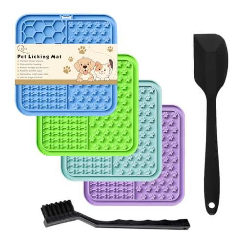 Licky Mats for Dogs Pack of 4 Licky Mats for Dogs with Strong Suction Cup - Slow Pet Feeder for Food Peanut Butter Includes Spatula & Brush - Perfect for Grooming & Training