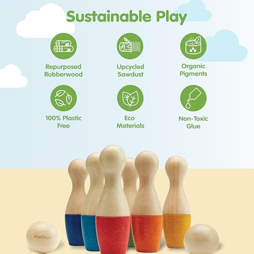 Image of PlanToys Bowling Set Wooden Montessori Gross Motor and Coordination Toy | Movement, Concentration and Early Math Learning Activity | Eco Friendly Indoor and Outdoor Bowling Game