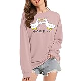 KIEKIECOO Funny Graphic Duck Crewneck Sweatshirts for Women Aesthetic Soft Long Sleeve Pullover Preppy Cute Fall Sweater Pink