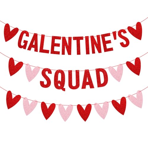 Glitter Galentines Squad Banner with Love Hearts - No DIY - Valentines Day Party Supplies Women Girl Lady Galentines Day Decorations