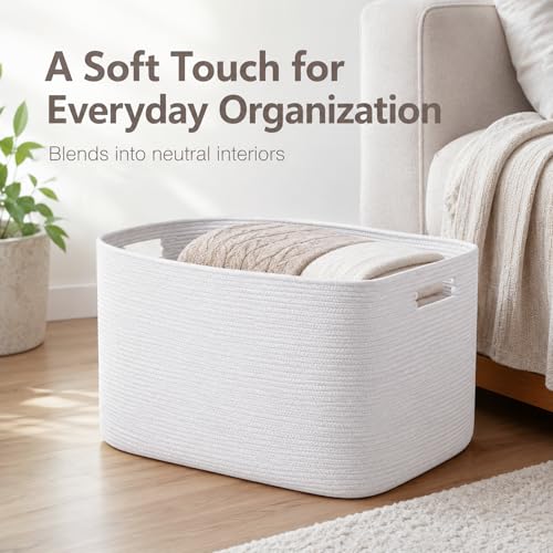 Image of Cotton Rope Laundry Basket Extra Large, 22.8GAL Collapsible Woven Storage Baskets for Living Room Kids Toys Stuffed Animal,Boho Rectangular Decorative Hamper for Dirty Clothes, Blankets Pure White