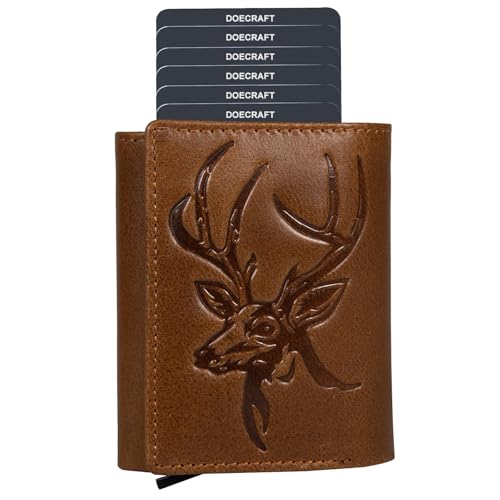 Image of Men's Genuine Leather RFID Wallet | Premium Slim Red Wallet for Men with Deer 3D Print | 8 Card Slots Secure and Durable Design |Casual Stylish | Formal & Gifting Use, Tan and Silver