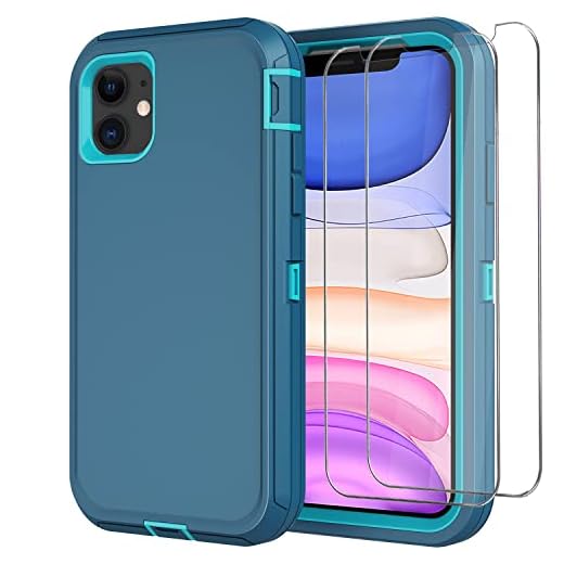 for iPhone 11 Case with 2 x Screen Protector, Heavy Duty Shockproof/Drop Proof/Dust Proof 3-Layer Military Protection Full Body Rugged Defender Durable Cover for Apple iPhone 11 (Turquoise)