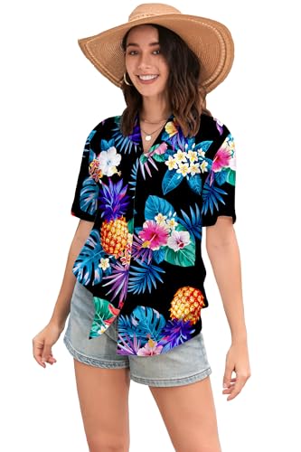 Image of SANGTREE Girls & Women's Hawaiian Shirts Button Down Short Sleeve Floral Tropical Shirt Beach Vacation Blouse Tops