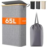 Lifewit 65L Wäschekorb Schmal mit Deckel, Faltbarer Wäschesammler Schmal mit Wäschesack, Laundry Basket Wäscheboxen aus Bambus mit Tragegriff für Apartment, Wohnheim und Wohnwagen, Grau