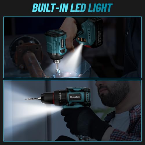 SEESII 21V Max Cordless Drill and Impact Driver, Power Tool Combo Kit Included 3/8'' Drill & 1/4'' Impact Driver, 2x 4000mAh Battery, Fast Charger, 20 pcs Driver Bit Set & Bag