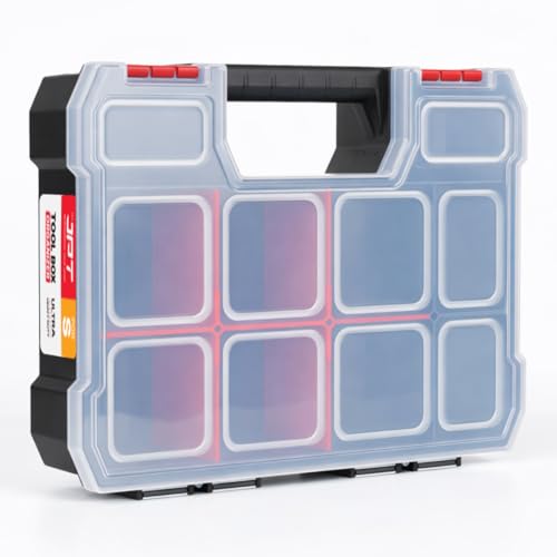 Image of JPT Small Ultra Heavy Duty Tool Organizer Box | Plastic Storage Case with Transparent Lid, 10 Compartments & 6 Removable Dividers | Portable Screws & Hardware Organiser