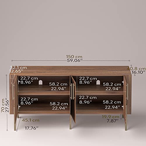 Roomfitters Mid Century Modern Tv Stand For Tvs Up To 65", Sideboard Buffet Cabinet With Storage, Credenza For Living Room, Entertainment Center With Doors, Walnut Media Console, Gold Legs #TOP2