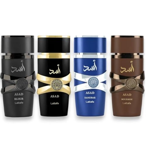 Lattafa Asad Perfume Collection, Eau De Parfum, 100 ML, 4 Variants (Asad Elixir, Asad Original, Asad Zanzibar, Asad Bourbon), Black Pepper Citrus Vanilla Notes, Men