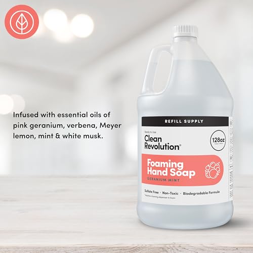 Image of Clean Revolution Foaming Hand Soap Refill with Real Essential Oils, Moisturizing Sulfate-Free Hand Soap, Ready-to-Use Foam Soap Refill for Kitchen & Bathroom (Geranium Mint) 128 Fl Oz