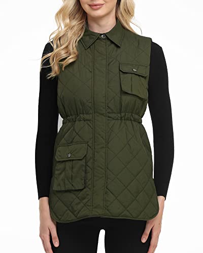 Xeoxarel Womens 2022 Fall Fashion Clothing Quilted Vest , Lightweight Utility Casual Sleeveless Drawstring Vests With Pockets Outerwear Olive Green L #TOP2