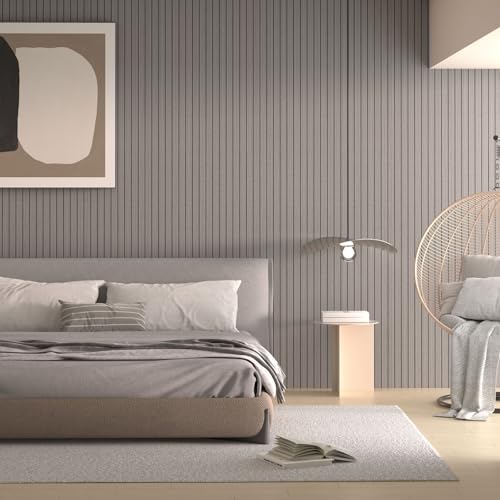 Image of Peel and Stick Wood Slat Wall Panels, Grayish Brown, 118 x 15.7 in | 3D Fluted, PVC Paneling for Accent Wall, Ceiling, Living Room, Office, Bedroom