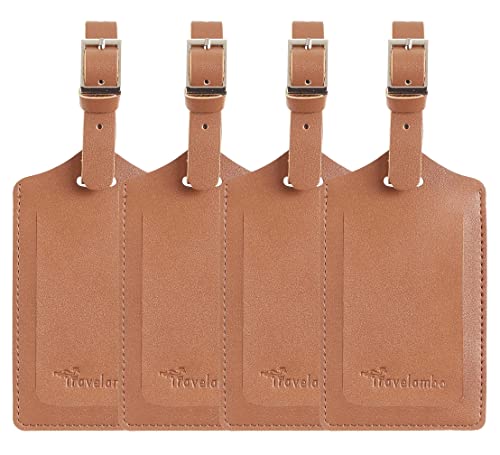 Image of Travelambo 4 Pack Leather Luggage Tags for Suitcases Travel Labels (Yellowish Brown)