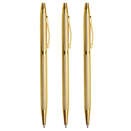LONGKEY 3 Pack Slim Metallic Retractable Ballpoint Pens Black Ink, Nice Gift for Business Office Students Teachers Wedding Christmas (Gold)