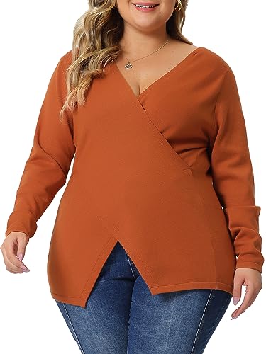 Image of Agnes Orinda Plus Size Knit Tops for Women Wrap V Neck Criss Cross Long Sleeve Asymmetrical Sweater