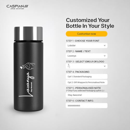Image of Caspian H2O Customised Stainless Steel Water Bottle 500ml,Black with Logo Print - Personalised Water Bottle with Your Name Print for Kids Boys Girls School Office Gym- Perfect for Corporate Gifting