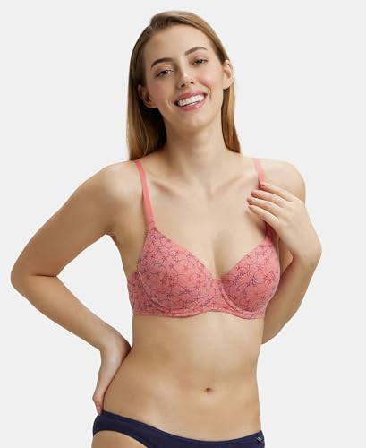 Image of Jockey UL50 Women's Under-Wired Padded Super Combed Cotton Elastane Stretch Medium Coverage Printed T-Shirt Bra with Detachable Straps (Prints May Vary)