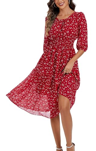 Image of Kormei Women Casual Boho Floral Round Neck 3 /4 Sleeve Smocked Waist Tiered A Line Flowy Swing Midi Dress Long Dresses