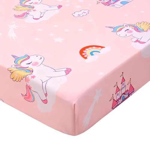 Image of Cloele Unicorns Fitted Crib Sheets,Pink Castle Unicorns, 1 Pack,52x28in | Baby Crib Sheets, For Standard Crib and Toddler Mattresses, Nursery Bed Sheet, For Baby Girls