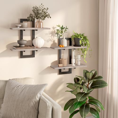 Image of HOOBRO Floating Shelves, 15 Inch Wall Shelf Set of 2, Wall Mounted Storage Shelves 2-Tier, Hanging Bathroom Shelves, for Living Room, Bedroom, Bathroom, Kitchen, Greige BG32BJ01