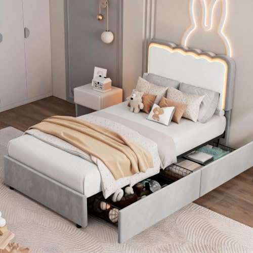 Image of Garvee Irregular Wave LED 2-Drawer Soft Upholstered Bed, Soft Padding