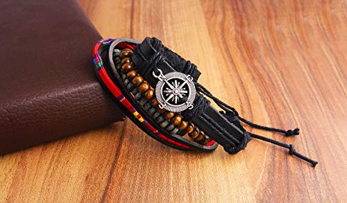 Image of ZIVOM Leather Handcrafted Wood Tibetan Vintage Thread Stackable Multi-strand Wrist Band Bracelet Combo Pack Of 2 Boys Men's