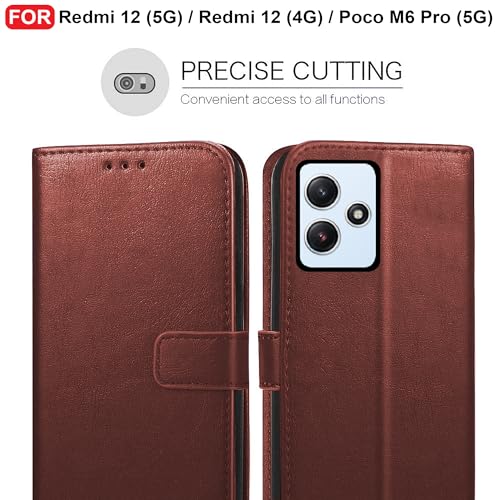 Image of CEDO Flip Cover for Redmi 12 (5G) / Redmi 12 (4G) / Poco M6 Pro (5G) | Leather Finish | Inside Pockets & Inbuilt Stand | Shockproof Wallet Style Magnetic Closure Back Case Flipcover (Brown)