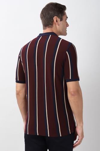 Image of Peter England Men's 100% Cotton Vertical Striped Polo T-Shirt - Casual Wear | Sleek & Comfortable