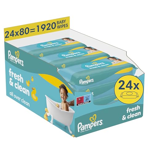 Pampers Fresh Clean Feuchttücher, 24 Packungen mit 80 Feuchttüchern 1920 Feuchttücher, zart duftende Reinigung auch für Hände und Gesicht​