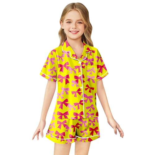 Kids Cute 𝙋ajam𝙖 Set 2 Piece Bow Graphic Print Hawaii Beach Clothing Set Button Down 𝙋j Shirt and 𝙎leepwear 𝙎horts 2-13Y