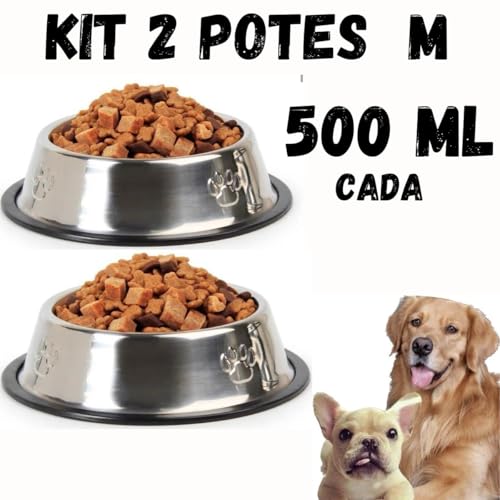 KIT 2 TIJELAS COMEDOURO BEBEDOURO DE INOX 500 ML M NÃO ENFERRUJA POTE RAÇÃO ÁGUA COMIDA VASILHA 21CM