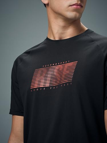 Image of TECHNOSPORT Men's Typography Printed T-Shirt COTFLEX Quick Dry Slim Fit Round Neck Sports Tee for Gym Running Casual Wear UPF50+ Anti Odour