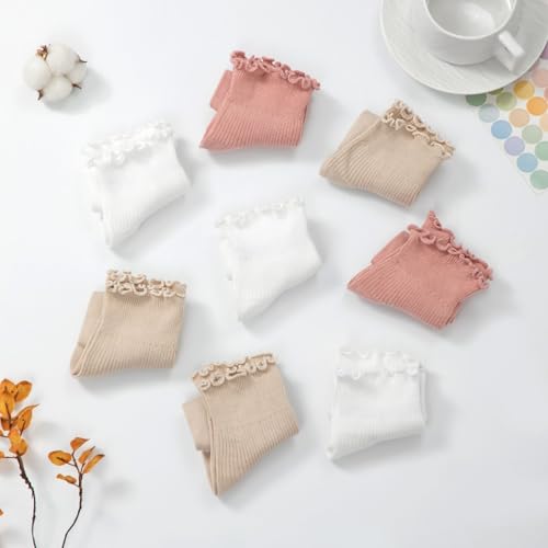 Image of 8 Pairs Cute Ruffle Frilly Ankle Socks Women, Lace Lettuce Socks