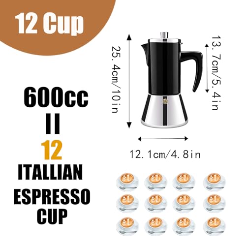 Image of 12 Cup Thickened 304 Stainless Steel Moka Pot Stovetop Espresso Maker Cafeteras Italian Percolator Espress Makers Capable Greca Mocha Coffee Machine for Induction Home and Camping 600ml 20oz