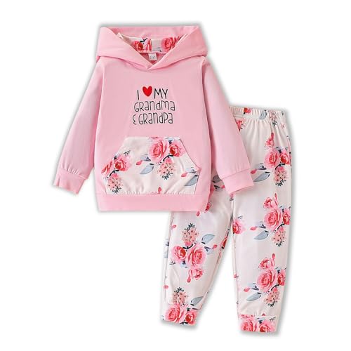 Image of 2PC Girls Clothes Girl letter and Floral print Hooded Set, letter print Top +Floral print Pants Set