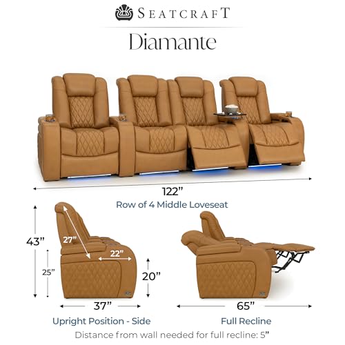 Image of Seatcraft Diamante Tan Oak Italian Leather Home Theater Seating, Zero Gravity Power Recliner Gaming and Home Office Chair, Powered Headrest Lounge Sofa Furniture Cinema Room, Row of 4 Middle Loveseats