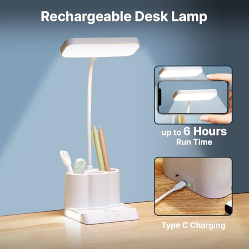 Image of pTron 5W EaseMate Study Lamp L1, 6 Hrs Runtime max., Seamless Dimming, 3 Colour Modes, Adjustable Brightness Levels, Table Lamp for Study, Pen Stand, Night Lamp, Flexible Neck, Type C Charging (White)