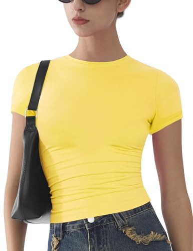 Kurzarm Tshirts Damen Rundhals Sommer T-Shirts Basic Eng Y2k Tee Tops Einfarbig Shirts XS-XXL Gelb S