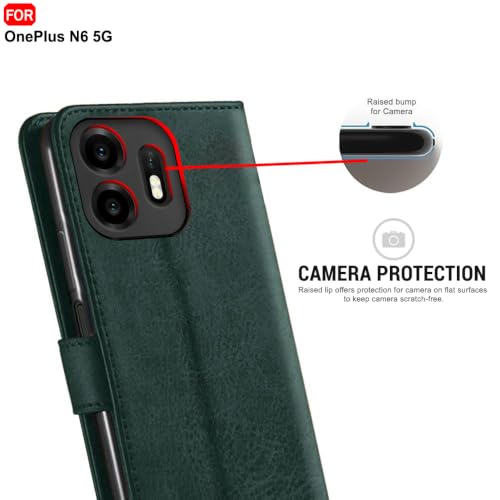 Image of TheGiftKart Genuine Leather Finish Flip Back Cover Case for OnePlus N6 5G | Inbuilt Pockets & Stand | Wallet Style | Designer Button | Flip Back Cover Case for OnePlus N6 5G (Faux Leather, Green)