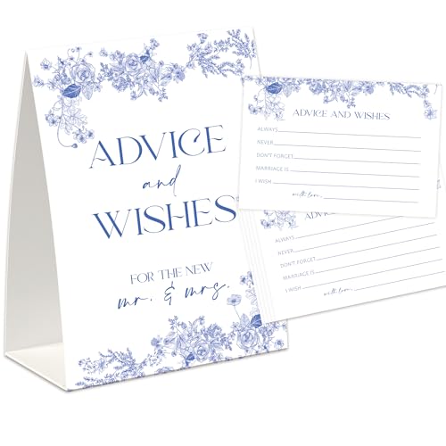 Advice And Wishes For The Mr And Mrs, One Sign with 30 Cards, Bridal Shower Games, Blue Floral Bridal Shower Cards, Wedding Games, Something Blue Before I Do Decorations -HLYXB05