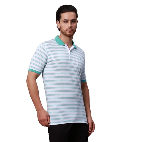 Image of Park Avenue Men's Cotton Polyester Blend Stripe Pattern Slim Fit Rib Collar Polo Neck Half Sleeve Casual T-Shirt