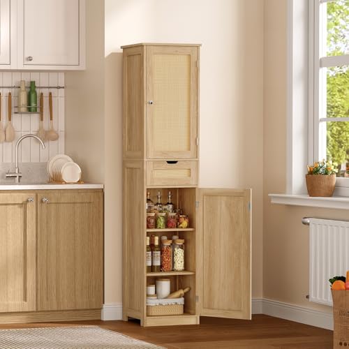 Image of TEENFON 66.9 inch H Tall Storage Cabinet with 2 Rattan Doors and 1 Drawer, Narrow Rattan Cabinet with Adjustable Shelves, for Living Room, Entryway, Kitchen, Natural