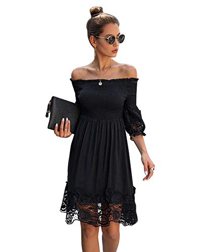 Gets Womens Black Elegant Dress Off The Shoulder Summer Casual Dresses Short Sleeve Party Cocktail Vintage Dress (S)