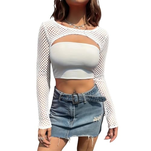 MANJIAMEI Top de malla de malla de manga larga Bolero Shrug Y2K, Crop Top Retro Disco, Traje Clubwear, Traje de los años 80, blanco, Talla única